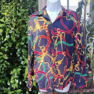 Ralph Lauren, Lauren Gold Chain '90s Vintage Printed Button Down Women's Shirt L